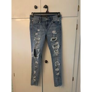 Express Jeans Mid‎ Rise Legging Destroyed Ripped Distressed Blue Denim